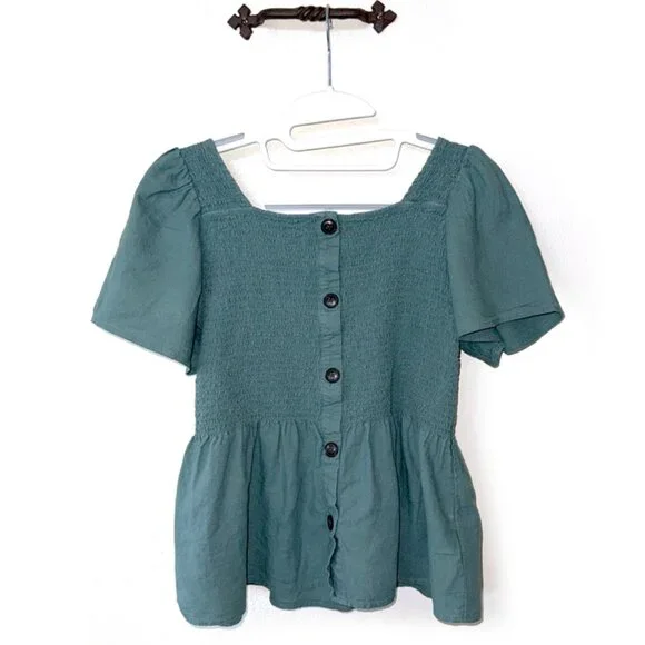 Madewell Linen-Blend Lucie Smocked Peplum Top - Picture 3 of 7